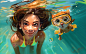 "Underwater voyage in bright colors: a girl and a cat in the ocean"