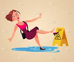 不替别人着想的女人性格在湿地板上滑倒。矢量平面卡通插画