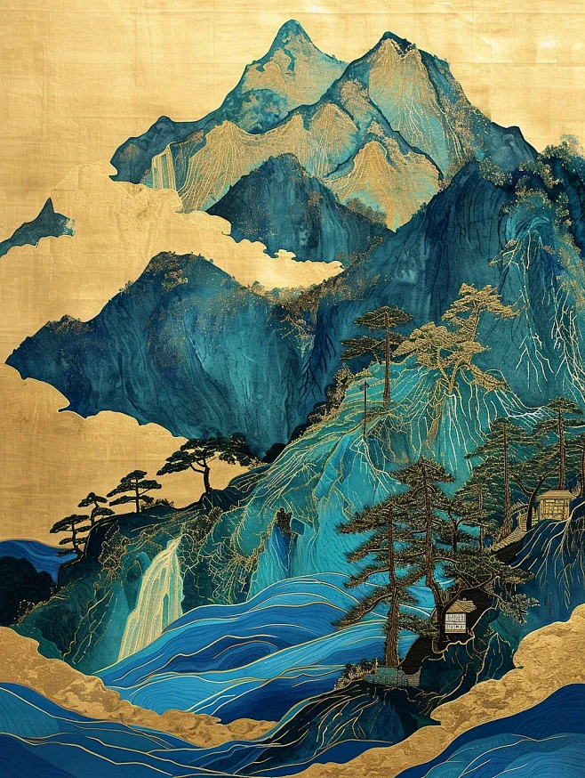 鎏金山水画海报-花瓣网