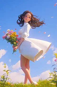 AI数字艺术春季捧花女孩人物模型-众图网