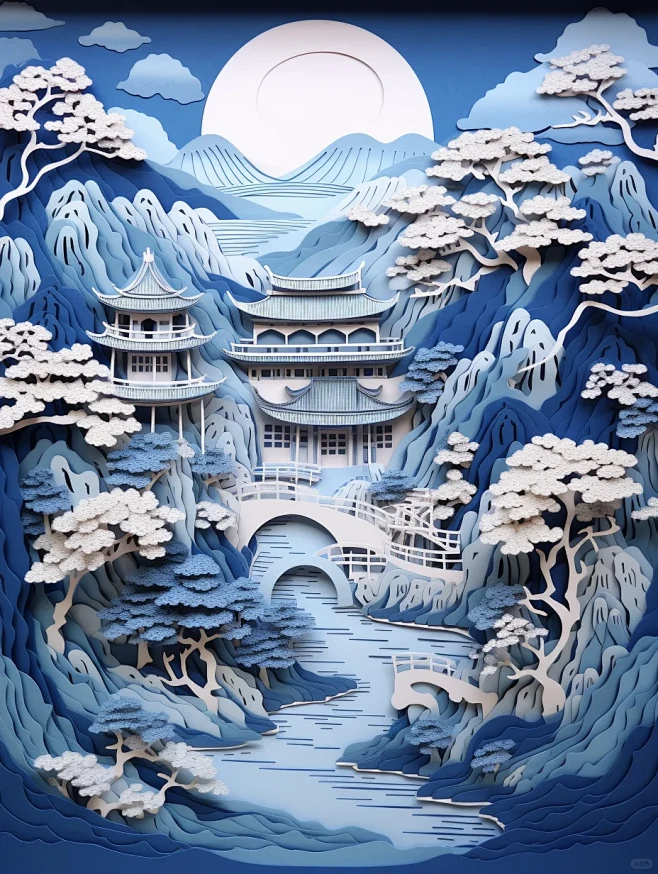 Midjourney | 3D剪纸 | 纸雕灯 | 山河明月 - 小红书-花瓣网