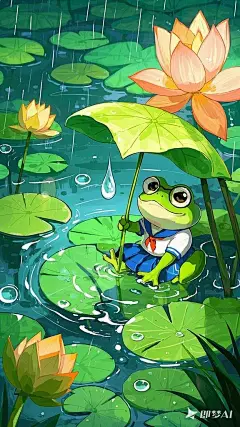 一只超可爱的毛茸茸Q版青蛙戴着眼镜，青蛙拟人化，身穿校服，手拿很大的叶子在荷叶下躲雨，背景荷花池，近景特写，32k高清 (2)