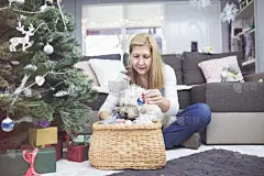 人生大事,新年,仅成年人,冬天,狗,金色头发,女人,仅一个女人,可爱的