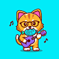 叼着鱼弹吉他的可爱小猫咪卡通矢量插画矢量图素材