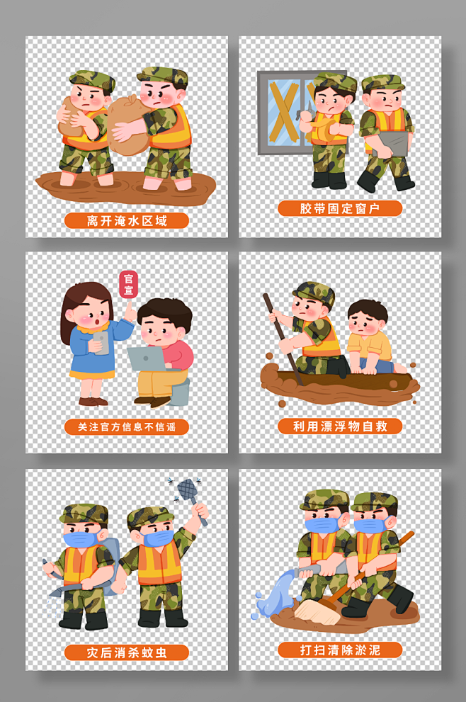 卡通解放军人物夏季防汛防洪安全知识插画
