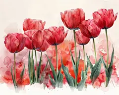 点击来源直接获取大图文件 |一幅美丽的水彩画，描绘了盛开的红色郁金香，展现了花朵鲜艳的色彩和精致的特征