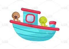 可爱的小鸭嘴兽和鳄鱼在绿松石船上航行。卡通人物适用于儿童书籍，相册，婴儿送礼会，贺卡，派对邀请，室内