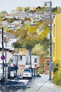 来自日本画家Masato Watanabe的城市水彩画作 ​​​​