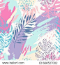 Artistic summer grunge seamless pattern. Multicolored background with shabby tropical leaves, grunge texture, splatter, brush strokes. Hand drawn abstract floral illustration. Vector