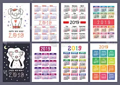 新年前夕,简单,猪,2019,多色的,格子,日历,星期日,星期,卡通