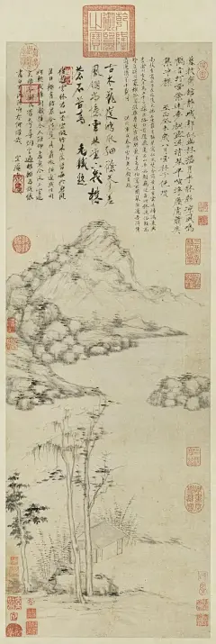 比如他在《桐露清琴》画中的跋云：
“暮投斋馆静，城郭似幽林。落月半床影，凉风鸣鹤音，汀云萦远梦，桐露湿清琴。卑喧净尘虑，萧爽集冲襟。”