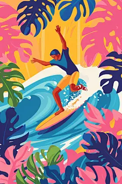 扁平风冲浪夏天INS风插画