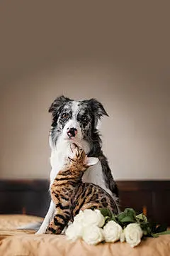 点击来源直接获取大图文件 |一只边境牧羊犬和一只猫在床上与花相伴。爱的概念。3 月 8 日