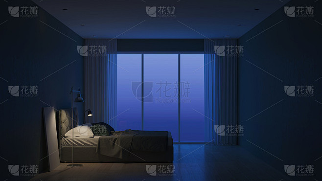 现代房子内部。带有玻璃隔板的室内卧室。的夜晚。晚上照明。3 d渲染。素材-花瓣网