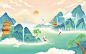 手绘国潮风国潮山水插画海报背景国潮插画