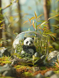 创意透明玻璃球体熊猫竹林微型景观三维立体效果摄影海报midjourney关键词咒语