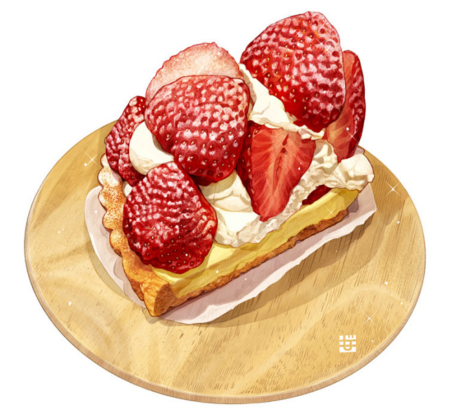 草莓蛋糕 手绘美食 壁纸 插画 唯美 水...