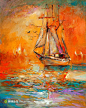 夕阳帆船河流油画高清图片