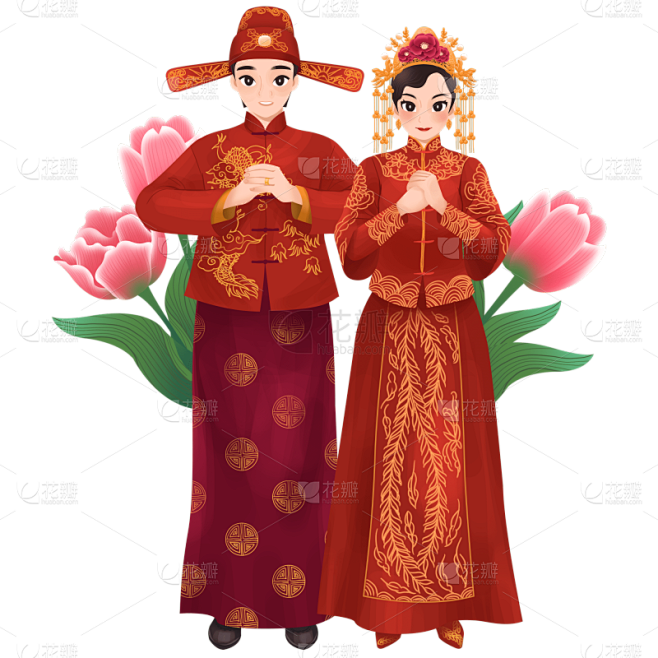 手绘-中式婚礼大尺寸人物插画贴纸3