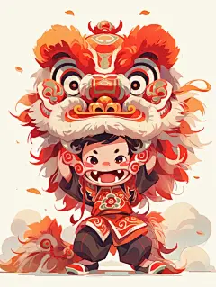 舞狮少年水彩插画喜庆海报