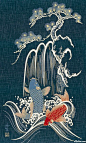Waterfall Koi Fish - Noren Panel - Indigo/Gold