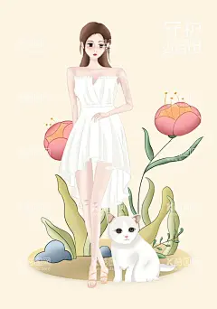 小清新  - 源文件下载【酷图网】美女,插画,猫咪,花朵,清晰,浅色,唯美