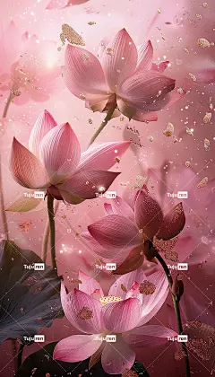 超现实摄影粉红色莲花，许多莲花芽在粉红色背景，洒有金色灰尘闪
