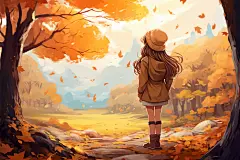 立秋少女赏枫秋天秋季唯美风景人物插画