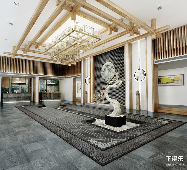 新中式盆栽大堂门厅_3d大堂大厅模型_大...