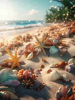 热带海滩度假贝壳和海星壁纸