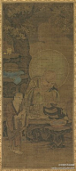 【 宋 金大受 《十六罗汉图》 】绢本设色，77×172cm，东京国立博物馆藏。从五代起日本开始吸收崭新的宋代文化。宋、元、明各个时期，通过公、私的贸易船，以禅僧间的往来为主体的两国间的相互交流日益增进，中国的各种文物流传到了日本。此组佛图设色富丽，陪衬物多，罗汉造型接近人世间的僧侣。