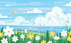 小清新油画风春天花海猫看海插画  - 源文件下载【酷图网】春暖花开,春天景色,春天边框,立春,春日,放风筝,踏青,春天风景,可爱,动物,少女,春意,绿色,春天,春季,卡通,插画,动物插画,春天插画,卡通插画,风景插画,儿童插画,