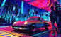 General 3840x2322 car cyberpunk road neon city building palm trees front angle view headlights digital art