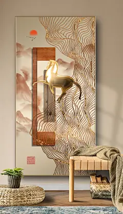 手绘马到成功鎏金水墨山水新中式玄关装饰画