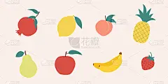 水果涂鸦。天然的水果。石榴，柠檬，桃子，菠萝，梨，苹果，香蕉，草莓孤立背景。手绘有机水果。现代彩色时