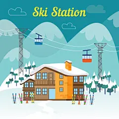 滑雪场与缆车风景插画