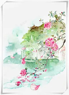 唯美古风手绘插画 落花流水 风景 元素 免抠png 设计图片 免费下载 页面网页 平面电商 创意素材