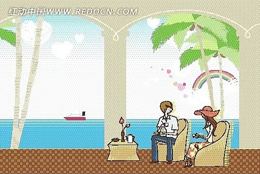 卡通儿童插画——海边喝茶聊天的男女插画|...