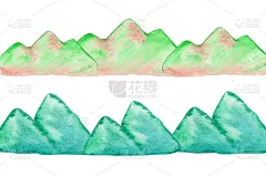 水彩山水自然旅游。户外山设计插画旅游元素。蓝绿剪影岩峰自然观山环境背景概念。
