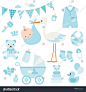 Vector illustration for baby boy shower and baby items.