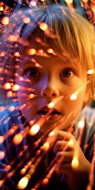 a closeup of a cute 8 year old girl viewing a scene unfold before her eyes of random colorful lights colliding in a dynamic display of sparks and beauty with soft bokeh and magical light particles, wonder, awe, and creativity combined in a dynamic composi