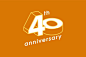 This may contain: an orange and white logo with the words 40 th anniversary written in bold font on it