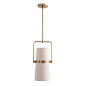Modern pendant with a black iron, tapered vertical rod and a blade shaped vintage brass finial. A white linen cylindrical double shade with off-white cotton lining allows for directing task lighting. Approved for use in covered outdoor areas. Measures 11”