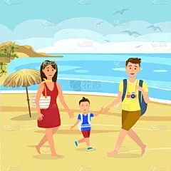夏天,海滩,动画片,旅行者,家庭,父母,户外,概念,性格,度假