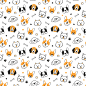 Seamless pattern with heads of different breeds dogs. corgi, beagle, chihuahua, terrier, pomeranian. texture with dog faces. hand drawn vector illustration in doodle style on white background