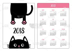 口袋日历2018年。上周星期天开始。黑猫滑稽的脸。挂着的身体。爪印,尾巴。可爱的卡通人物。卡哇伊的动