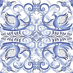 蓝色无缝光纹Gzhel是一种民族风格的水彩衬底。瓷器上的程式化绘画。