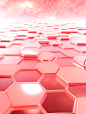 Science fiction background with pink hexagons and crystals on the floor, in the style of redscale film, light white and white, light-filled compositions, intertwining materials, light red, industrial and product design, luminous shadows