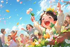 白云春游儿童插画图片