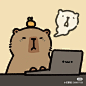 This may contain: a cartoon bear sitting in front of a laptop with a thought bubble above his head
